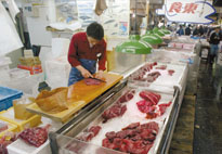 Supermarket whale and dolphin meat counter